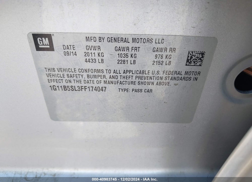 2015 CHEVROLET MALIBU LS VIN: 1G11B5SL3FF174047
