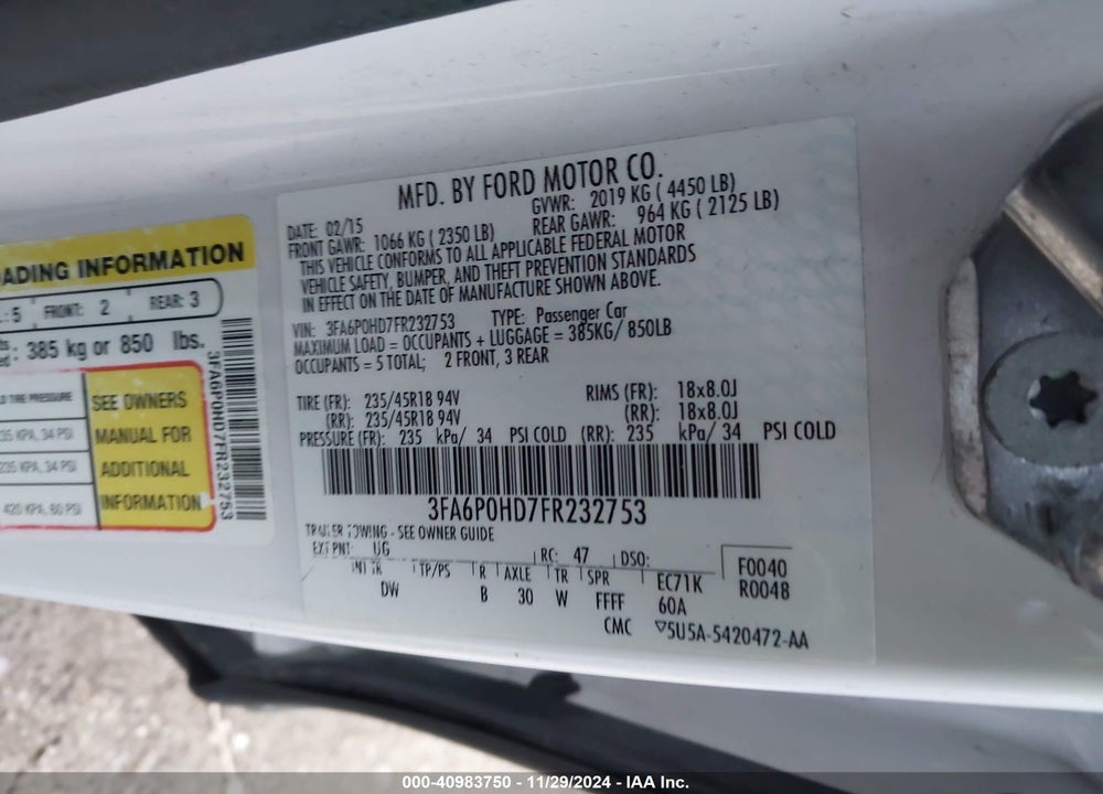 2015 FORD FUSION SE VIN: 3FA6P0HD7FR232753