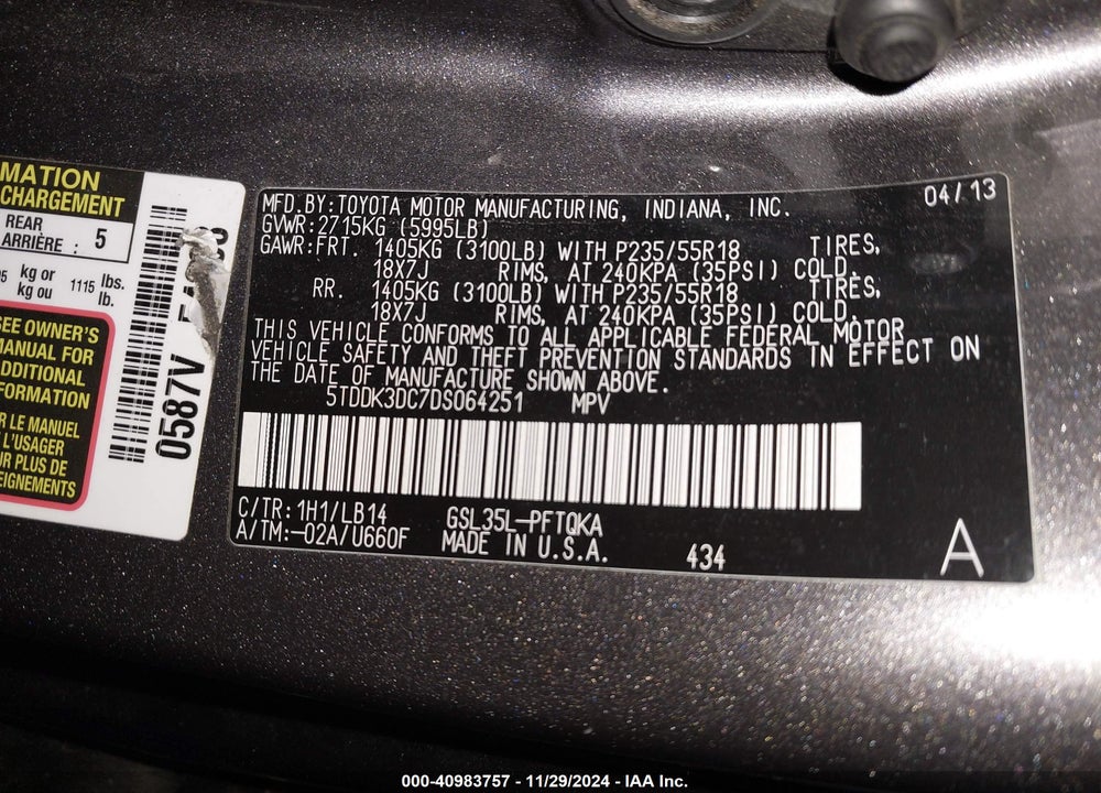 2013 TOYOTA SIENNA XLE 7 PASSENGER VIN: 5TDDK3DC7DS064251