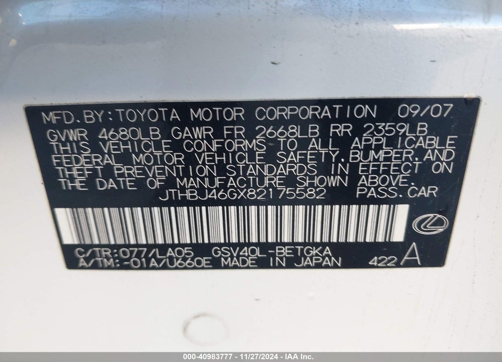 2008 LEXUS ES 350 VIN: JTHBJ46GX82175582