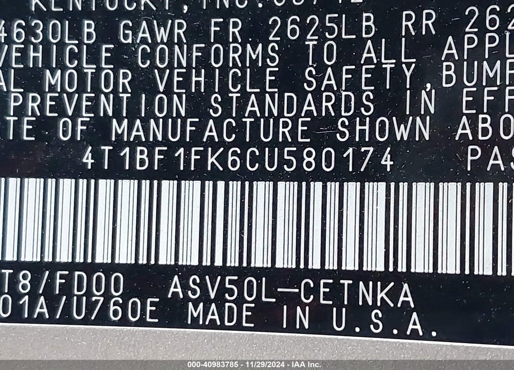 2012 TOYOTA CAMRY LE VIN: 4T1BF1FK6CU580174