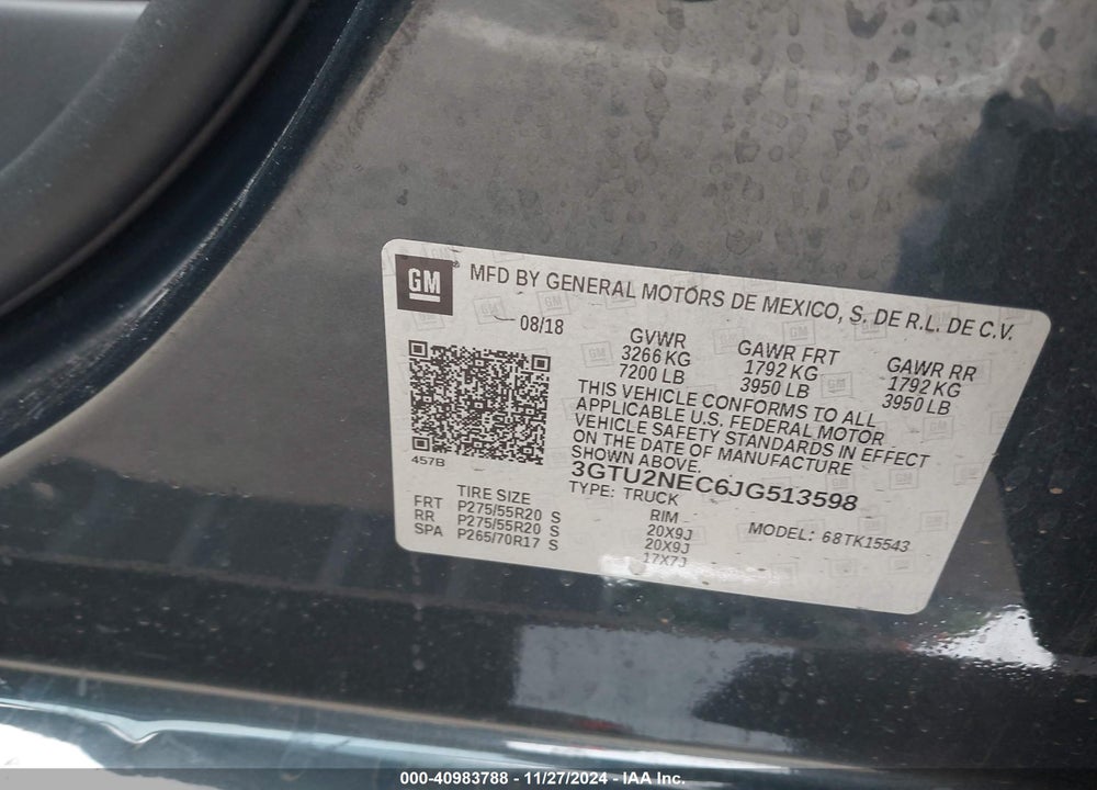 2018 GMC SIERRA 1500 SLT VIN: 3GTU2NEC6JG513598