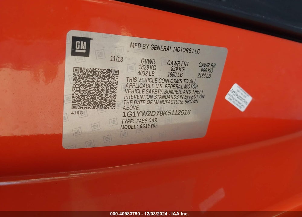 2019 CHEVROLET CORVETTE GRAND SPORT VIN: 1G1YW2D78K5112516