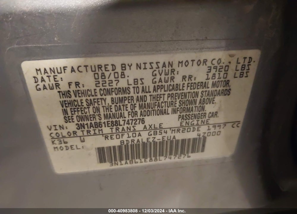 2008 NISSAN SENTRA 2.0S VIN: 3N1AB61E88L747276