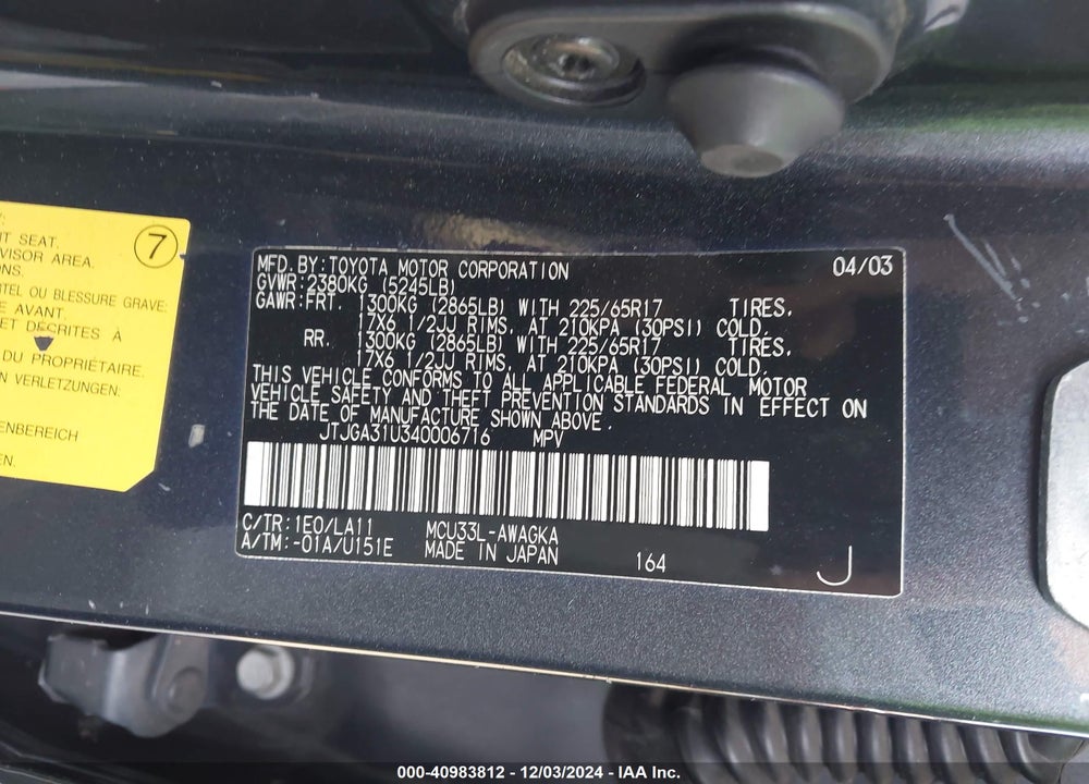 2004 LEXUS RX 330 VIN: JTJGA31U340006716