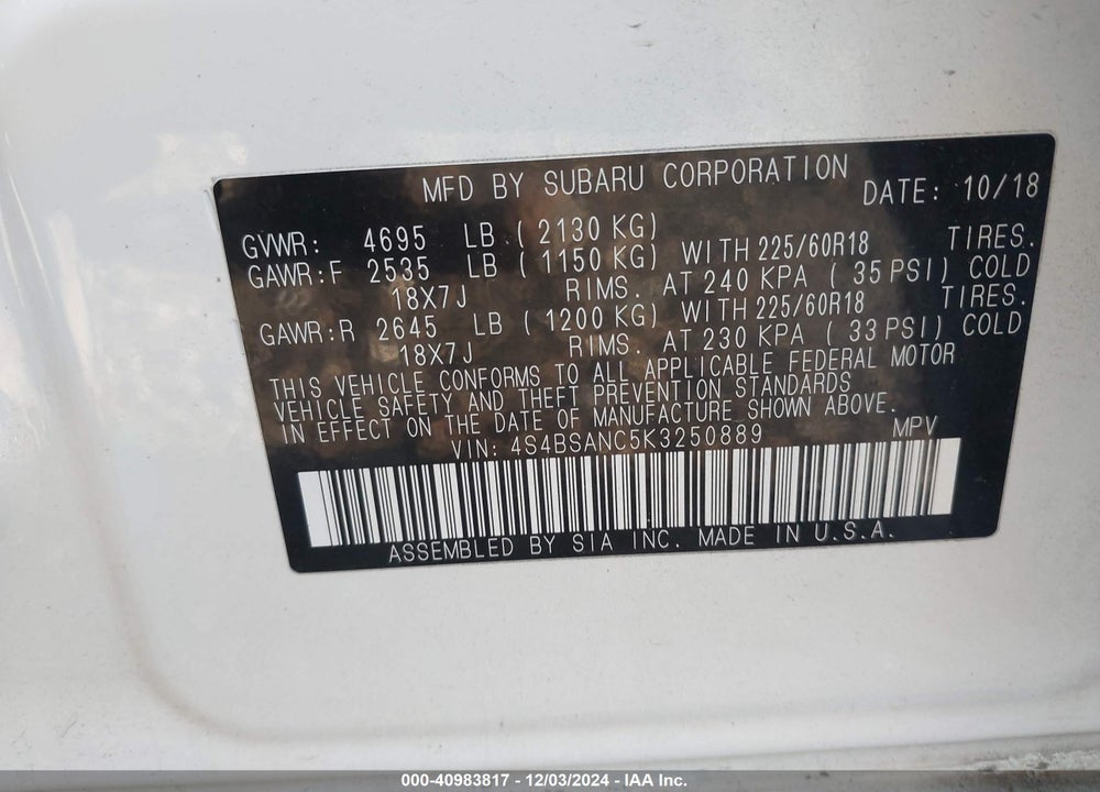 2019 SUBARU OUTBACK 2.5I LIMITED VIN: 4S4BSANC5K3250889