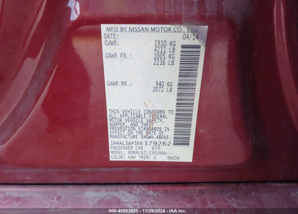 2014 NISSAN ALTIMA 2.5/2.5 S/2.5 SL/2.5 SV VIN: 1N4AL3AP3EN379262