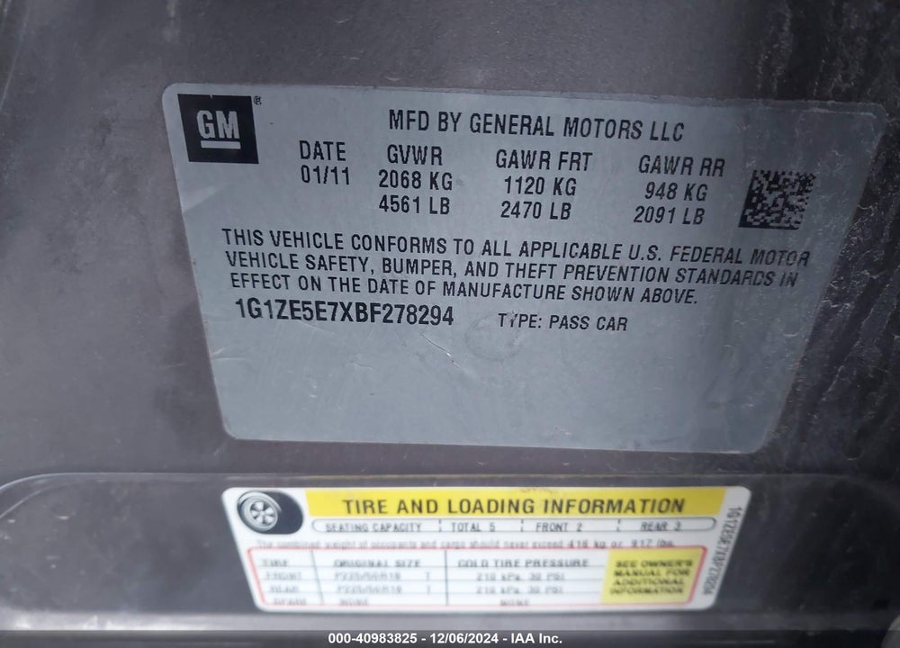 2011 CHEVROLET MALIBU LTZ VIN: 1G1ZE5E7XBF278294