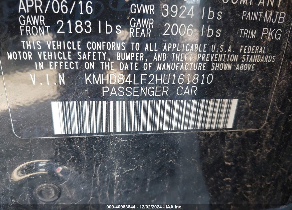 2017 HYUNDAI ELANTRA VIN: KMHD84LF2HU161810