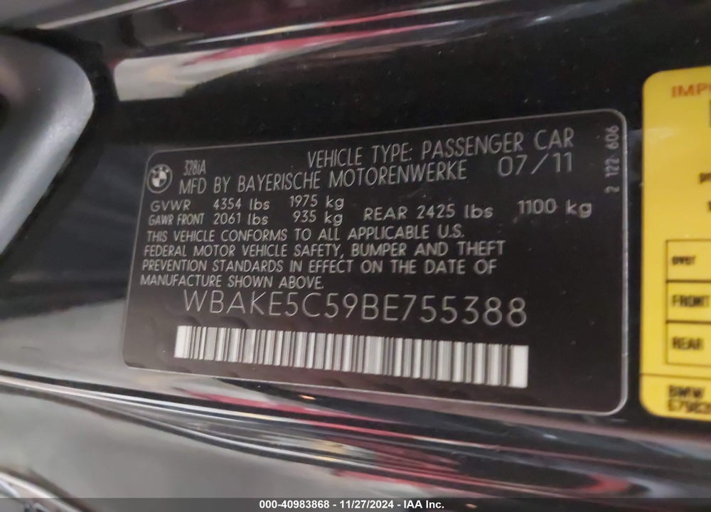 2011 BMW 328I VIN: WBAKE5C59BE755388