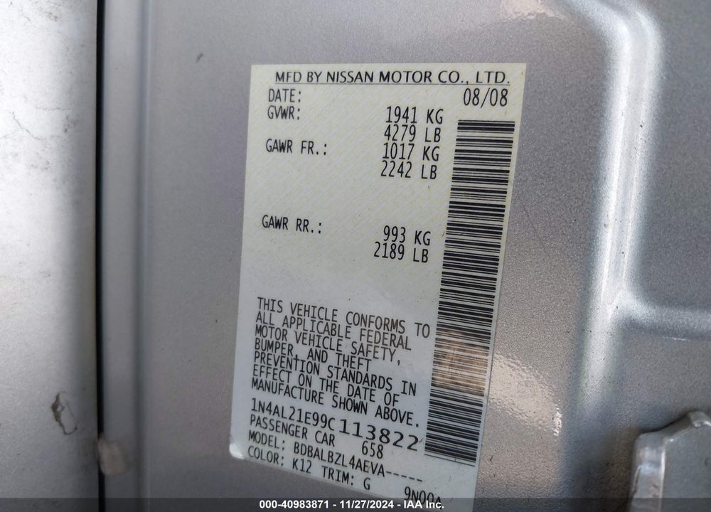 2009 NISSAN ALTIMA 2.5 S VIN: 1N4AL21E99C113822