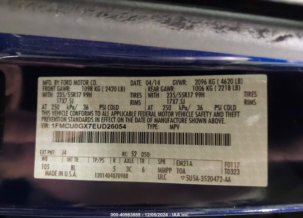 2014 FORD ESCAPE SE VIN: 1FMCU0GX7EUD26054