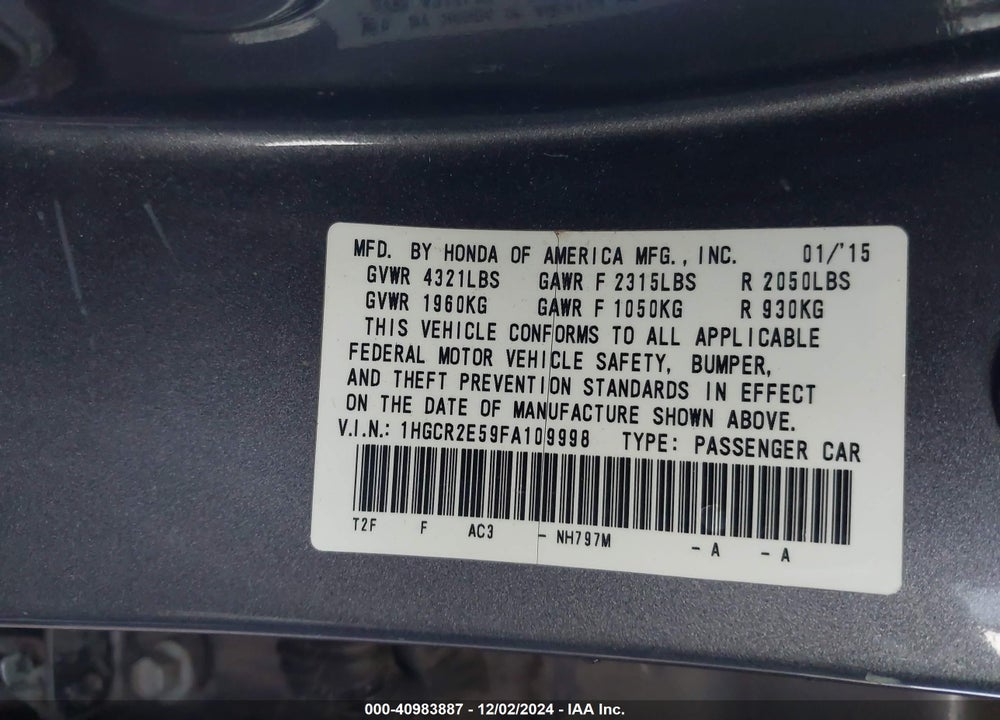 2015 HONDA ACCORD SPORT VIN: 1HGCR2E59FA109998