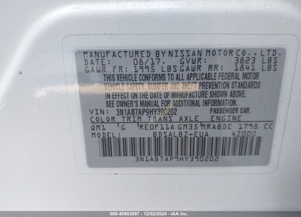 2017 NISSAN SENTRA S VIN: 3N1AB7AP9HY390202