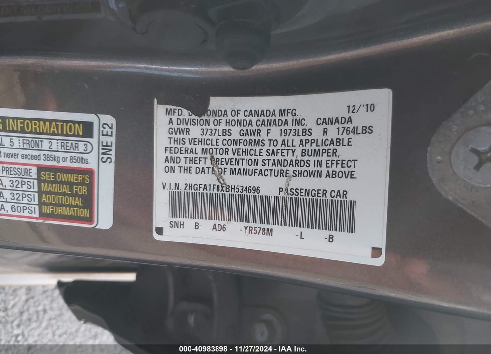 2011 HONDA CIVIC EX VIN: 2HGFA1F8XBH534696