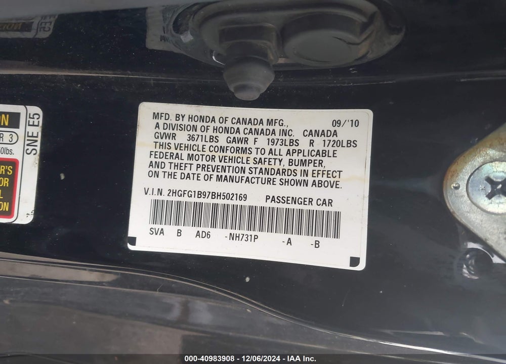 2011 HONDA CIVIC EX-L VIN: 2HGFG1B97BH502169