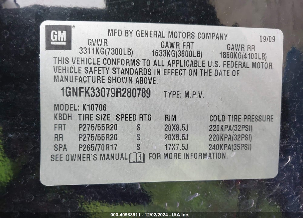 2009 CHEVROLET TAHOE LTZ VIN: 1GNFK33079R280789