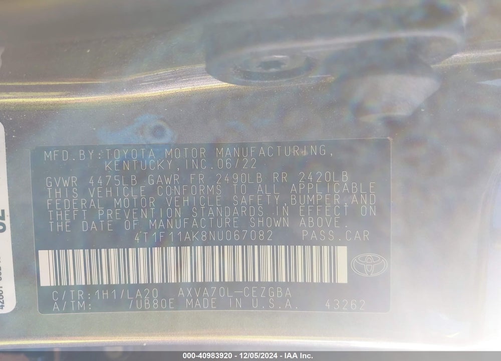 2022 TOYOTA CAMRY XLE VIN: 4T1F11AK8NU067082