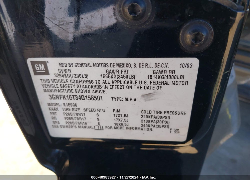 2004 CHEVROLET SUBURBAN 1500 VIN: 3GNFK16T34G158501