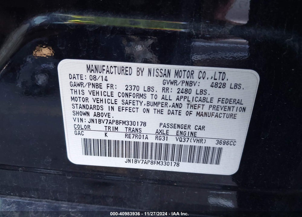 2015 INFINITI Q50 PREMIUM VIN: JN1BV7AP8FM330178