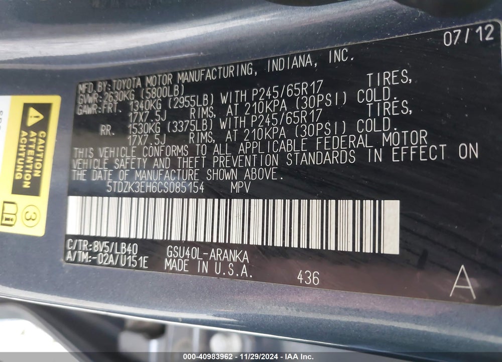 2012 TOYOTA HIGHLANDER SE V6 VIN: 5TDZK3EH6CS085154