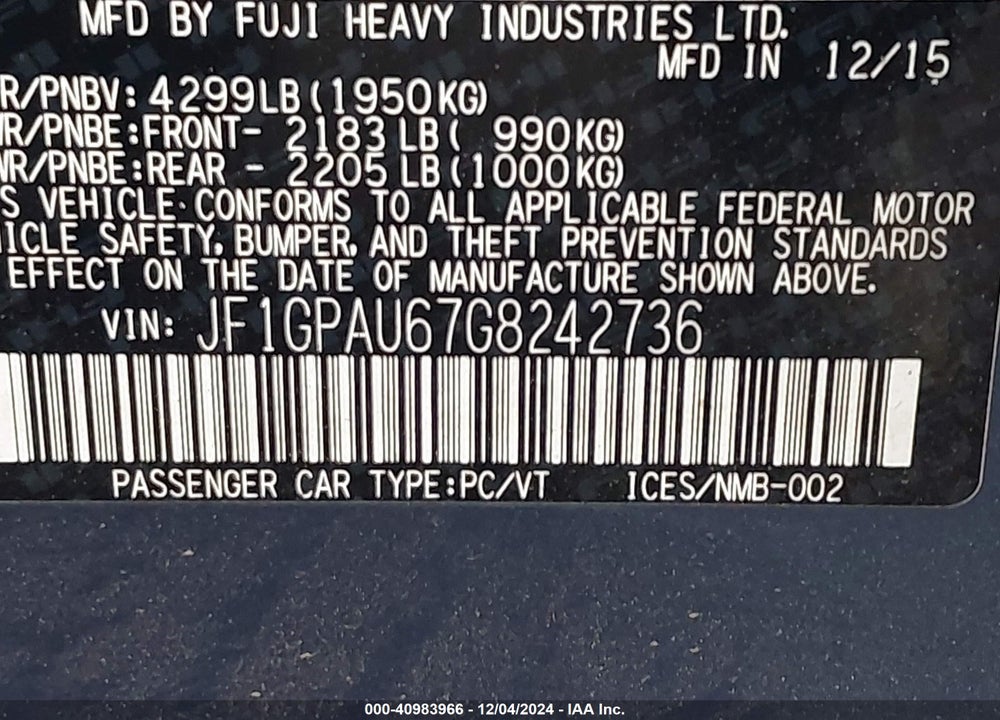 2016 SUBARU IMPREZA 2.0I SPORT LIMITED VIN: JF1GPAU67G8242736