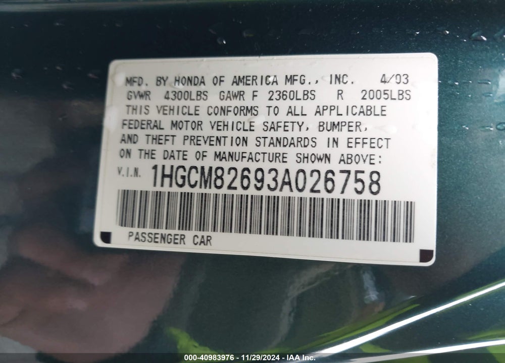 2003 HONDA ACCORD CPE EX VIN: 1HGCM82693A026758