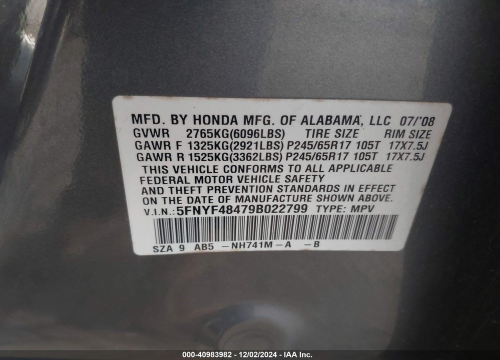 2009 HONDA PILOT EX VIN: 5FNYF48479B022799