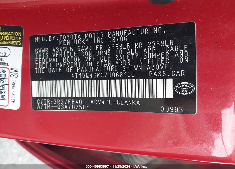 2007 TOYOTA CAMRY LE VIN: 4T1BE46K37U068155