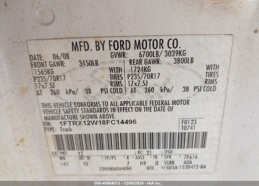 2008 FORD F-150 VIN: 1FTRX12W18FC14496