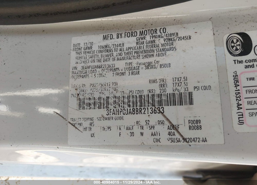 2011 FORD FUSION SEL VIN: 3FAHP0JA8BR213633