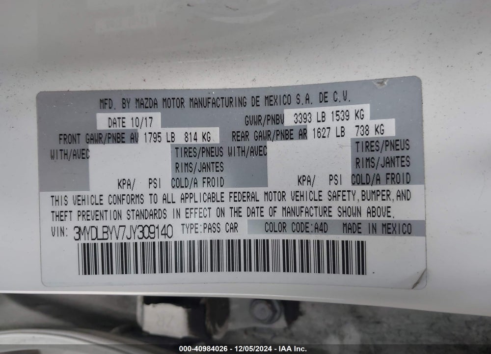 2018 TOYOTA YARIS IA VIN: 3MYDLBYV7JY309140