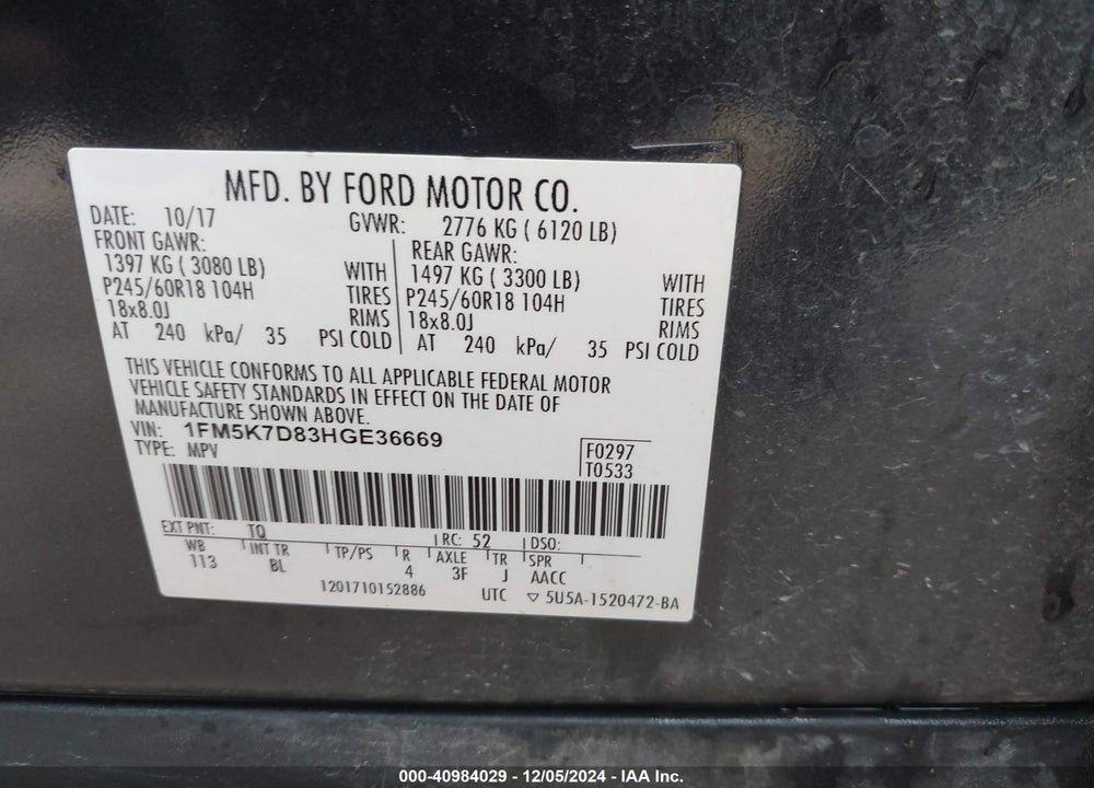 2017 FORD EXPLORER XLT VIN: 1FM5K7D83HGE36669
