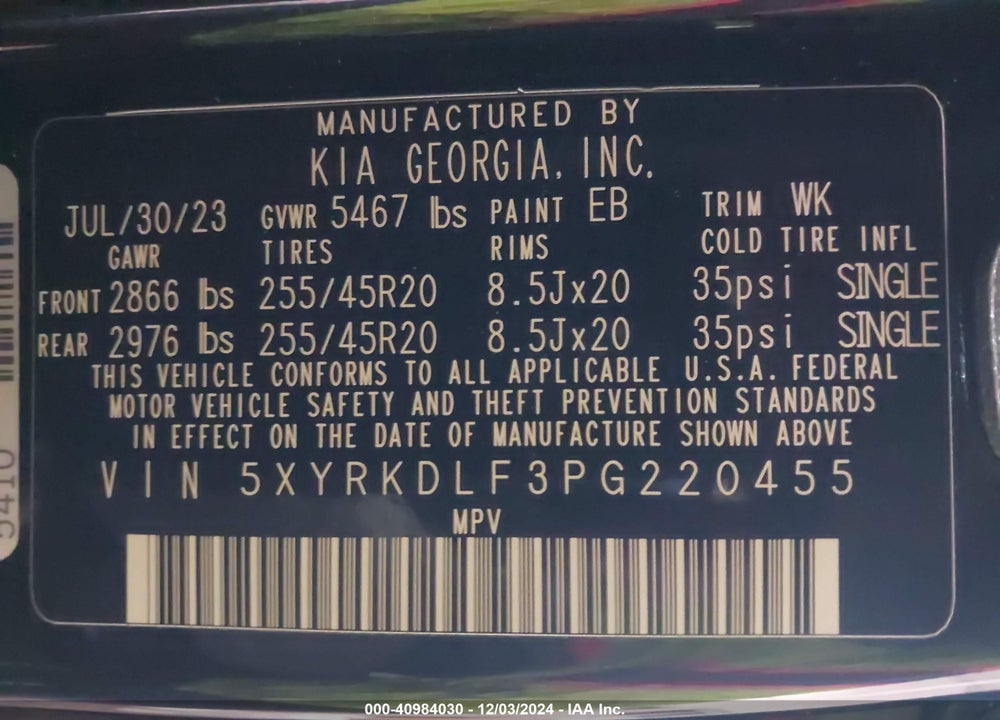 2023 KIA SORENTO SX PRESTIGE VIN: 5XYRKDLF3PG220455