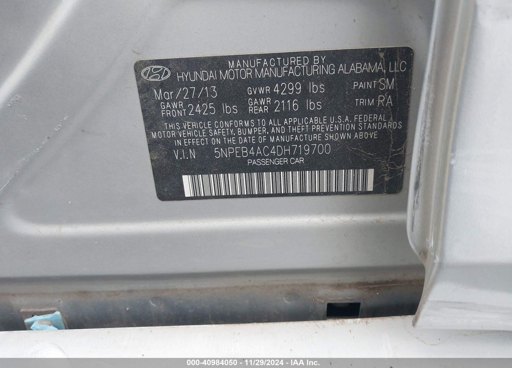 2013 HYUNDAI SONATA GLS VIN: 5NPEB4AC4DH719700