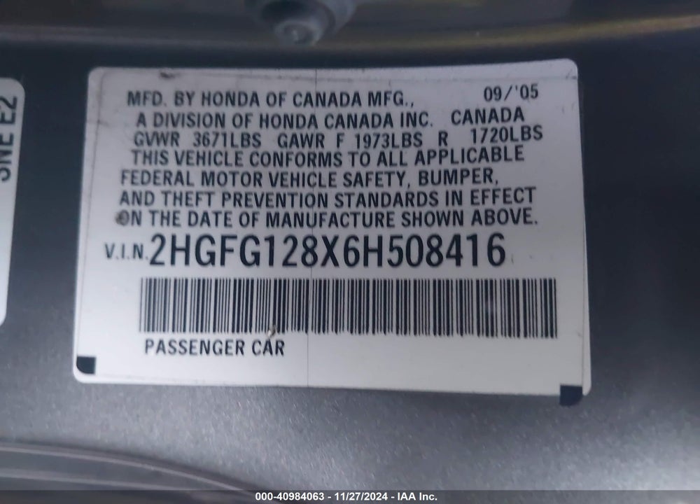 2006 HONDA CIVIC EX VIN: 2HGFG128X6H508416