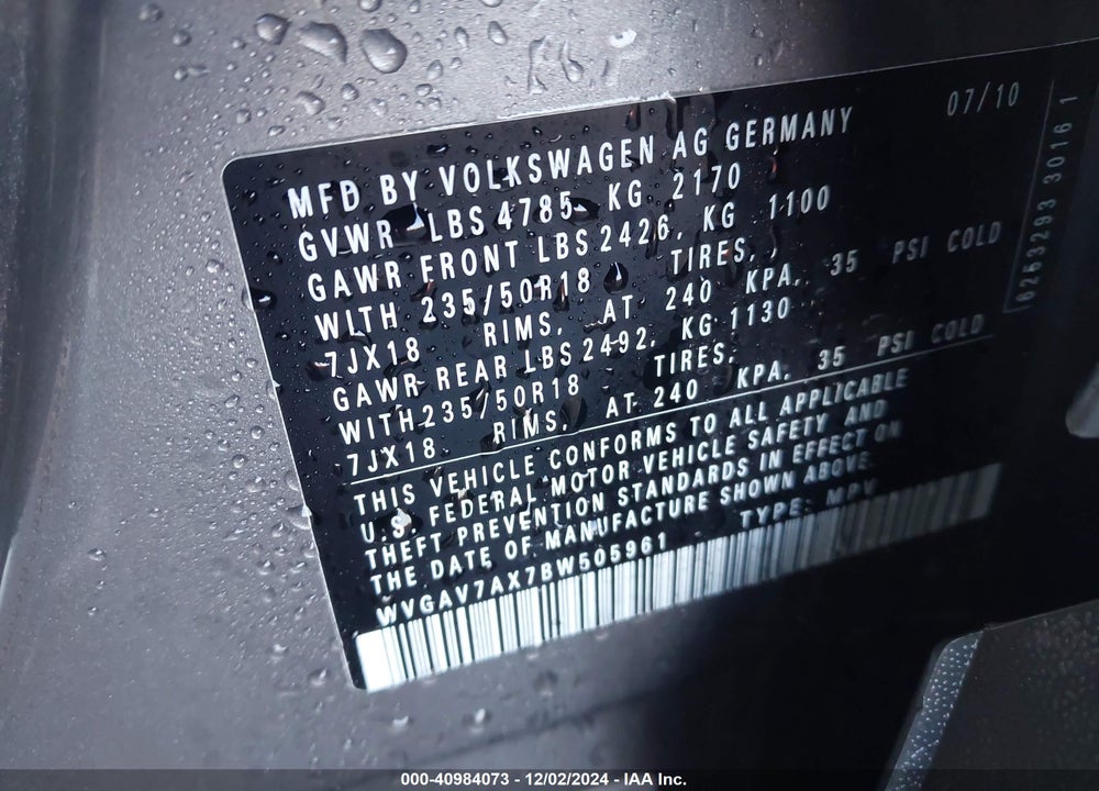 2011 VOLKSWAGEN TIGUAN SE VIN: WVGAV7AX7BW505961