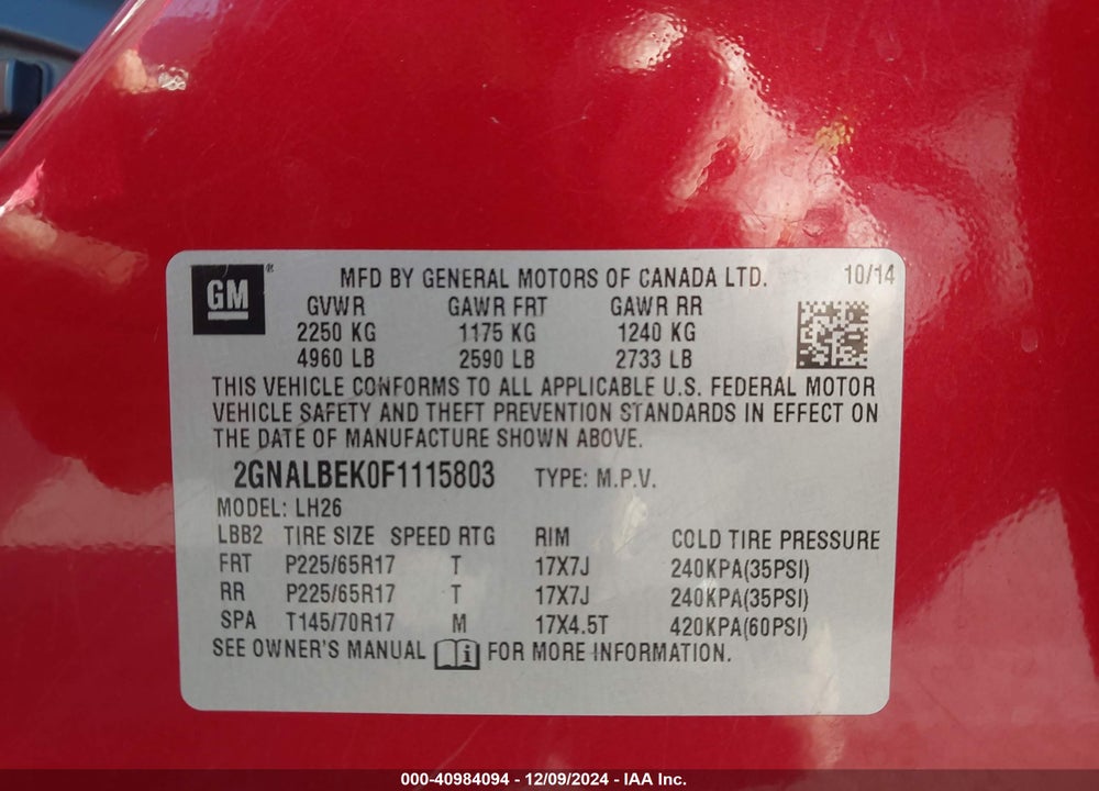 2015 CHEVROLET EQUINOX 1LT VIN: 2GNALBEK0F1115803
