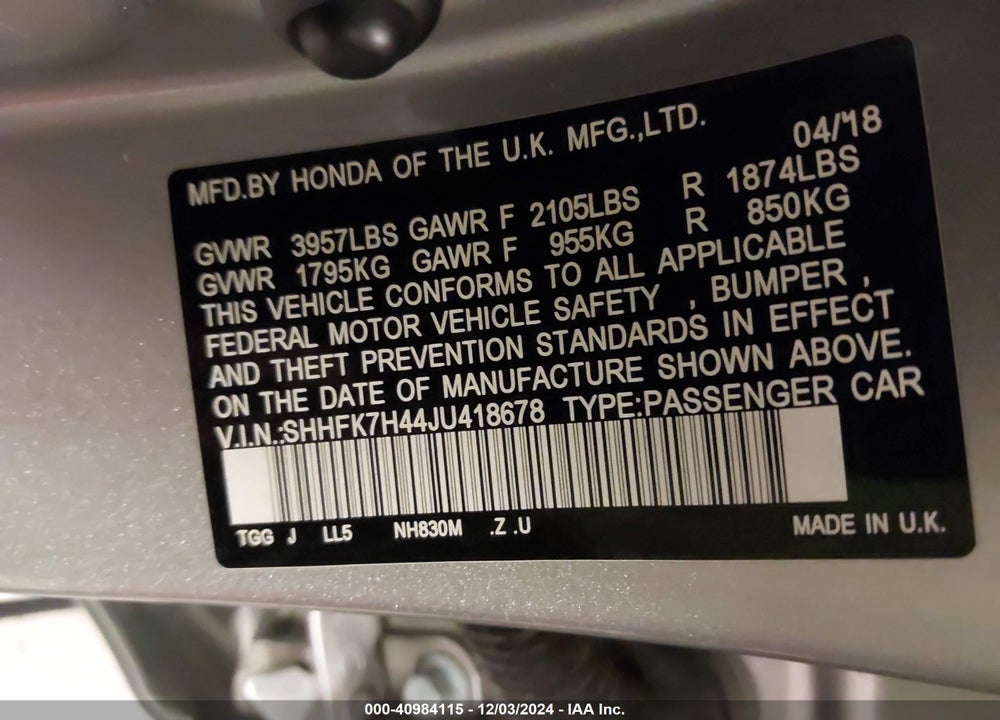2018 HONDA CIVIC SPORT VIN: SHHFK7H44JU418678