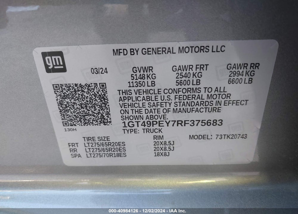 2024 GMC SIERRA 2500HD 4WD STANDARD BED AT4 VIN: 1GT49PEY7RF375683