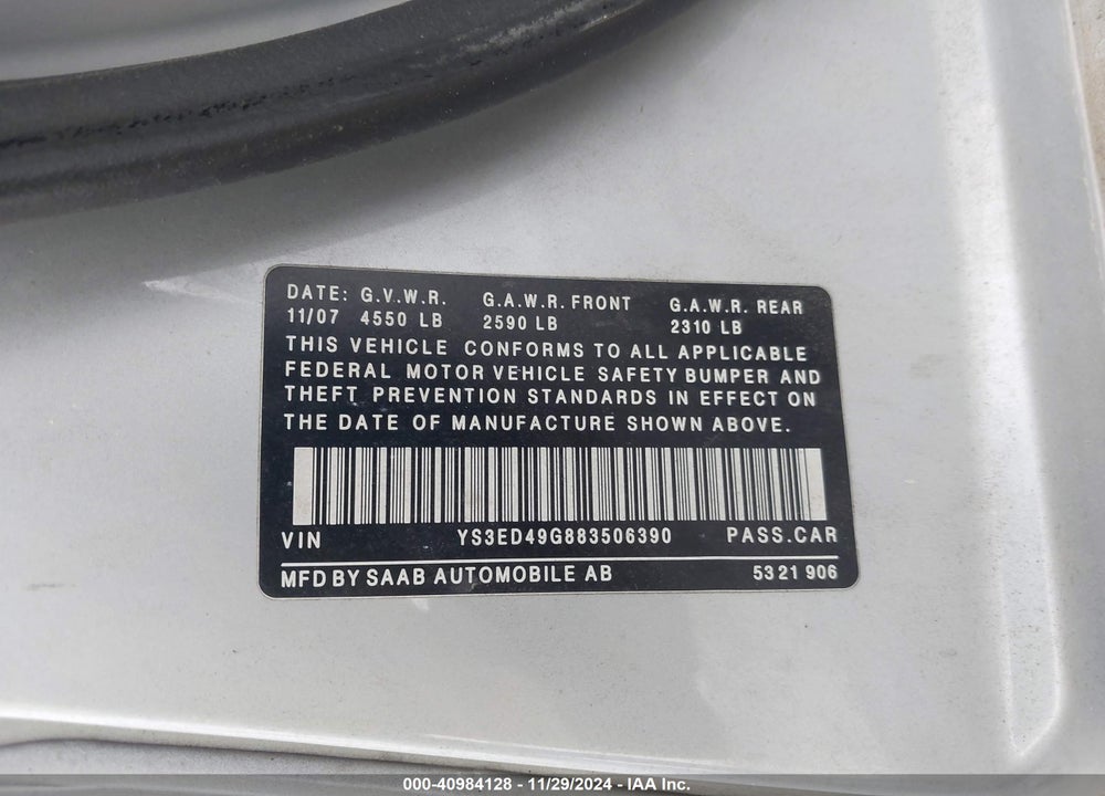 2008 SAAB 9-5 2.3T VIN: YS3ED49G883506390