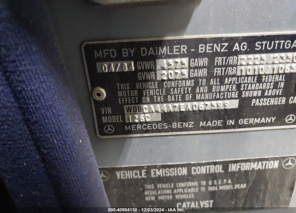 1984 MERCEDES-BENZ 500 SEC VIN: WDBCA44A7EA067599