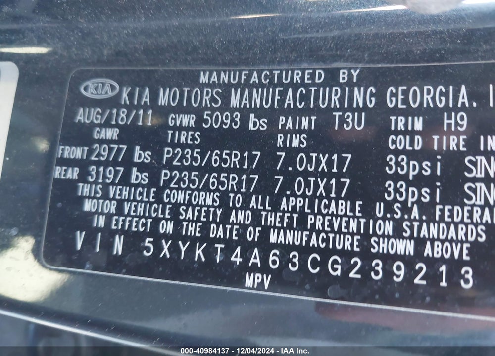 2012 KIA SORENTO LX VIN: 5XYKT4A63CG239213