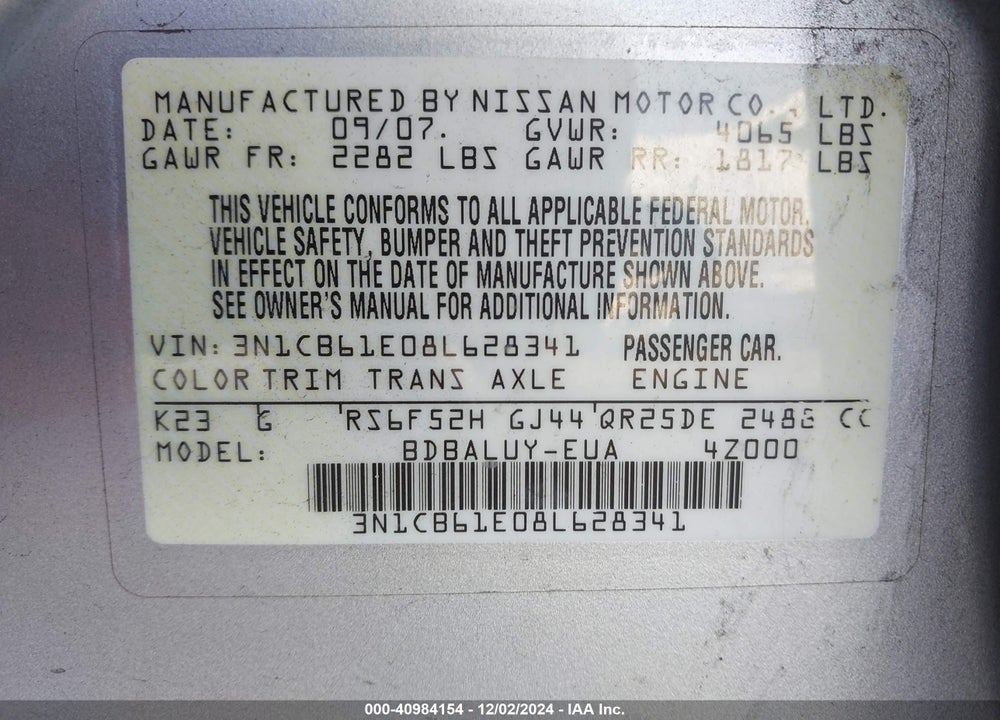 2008 NISSAN SENTRA SE-R SPEC V VIN: 3N1CB61E08L628341