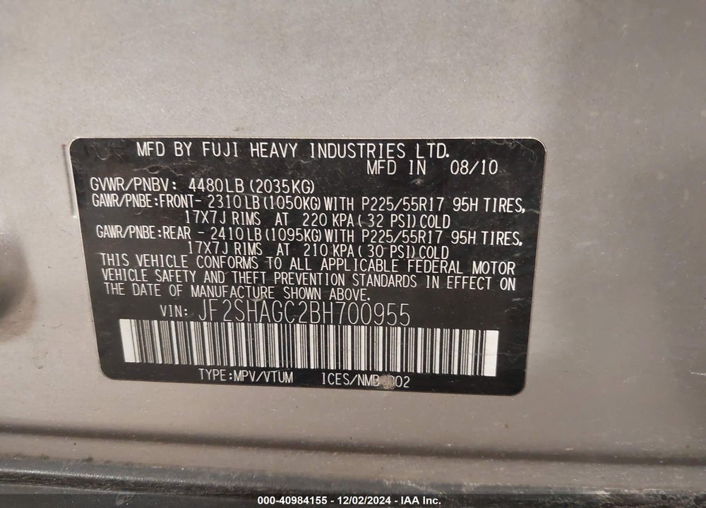 2011 SUBARU FORESTER 2.5X TOURING VIN: JF2SHAGC2BH700955