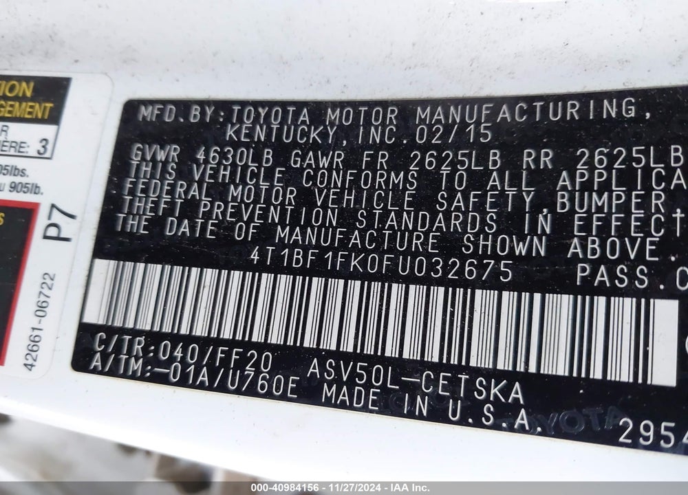 2015 TOYOTA CAMRY SE VIN: 4T1BF1FK0FU032675