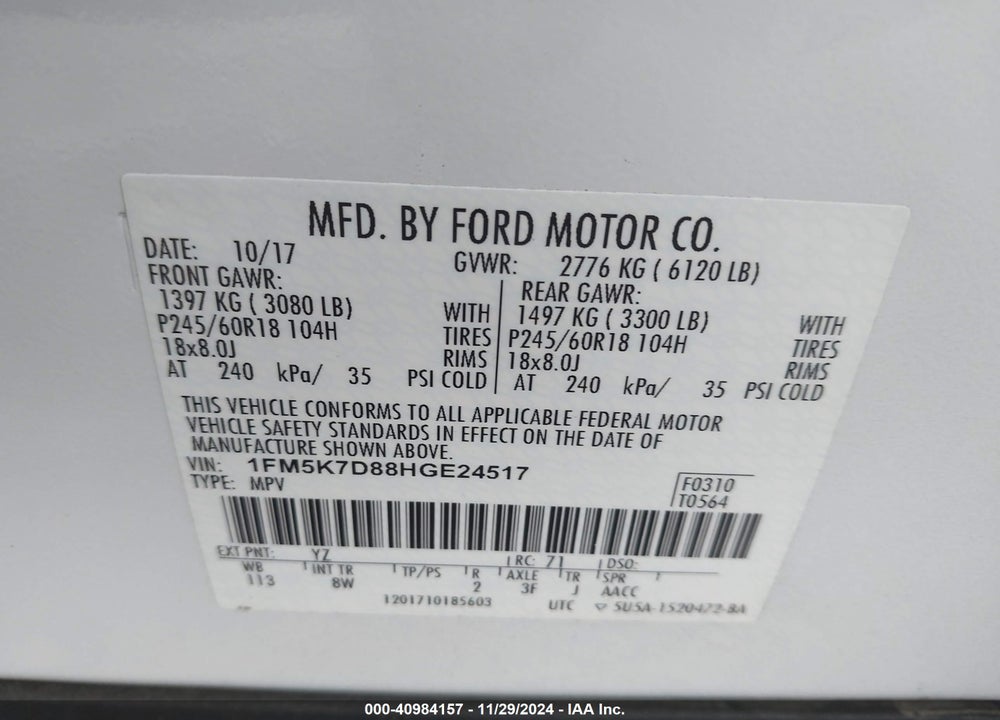 2017 FORD EXPLORER XLT VIN: 1FM5K7D88HGE24517
