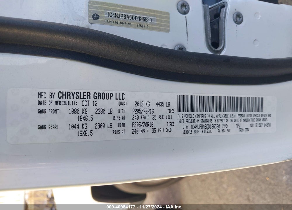 2013 JEEP PATRIOT SPORT VIN: 1C4NJPBA6DD186580