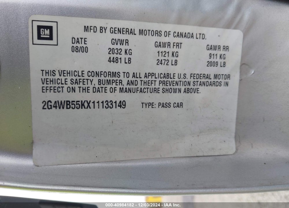 2001 BUICK REGAL LS VIN: 2G4WB55KX11133149