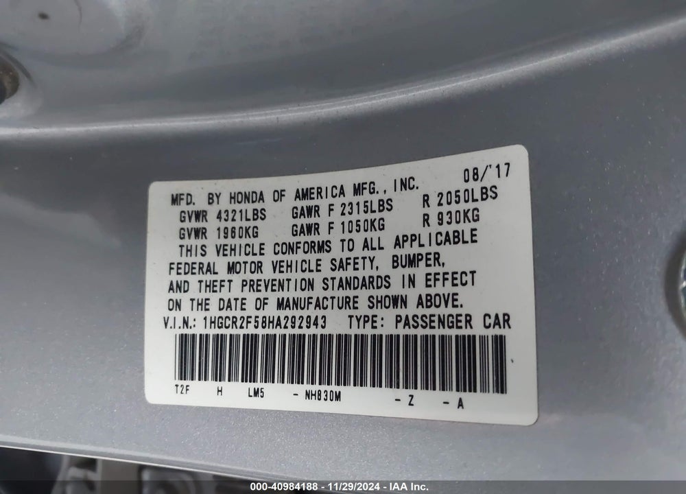 2017 HONDA ACCORD SPORT VIN: 1HGCR2F58HA292943